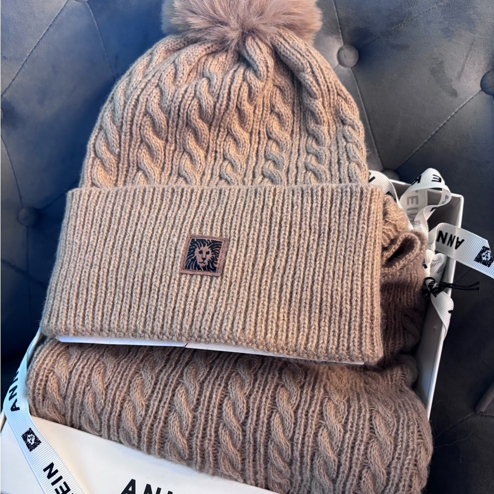 Anne Klein Tan Cable Knit Beanie and Scarf Set